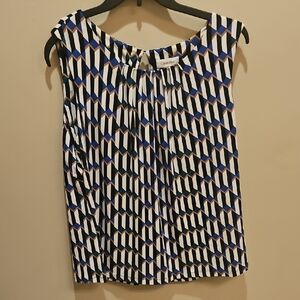 Calvin Klein Blue and White Sleeveless Graphic Blouse